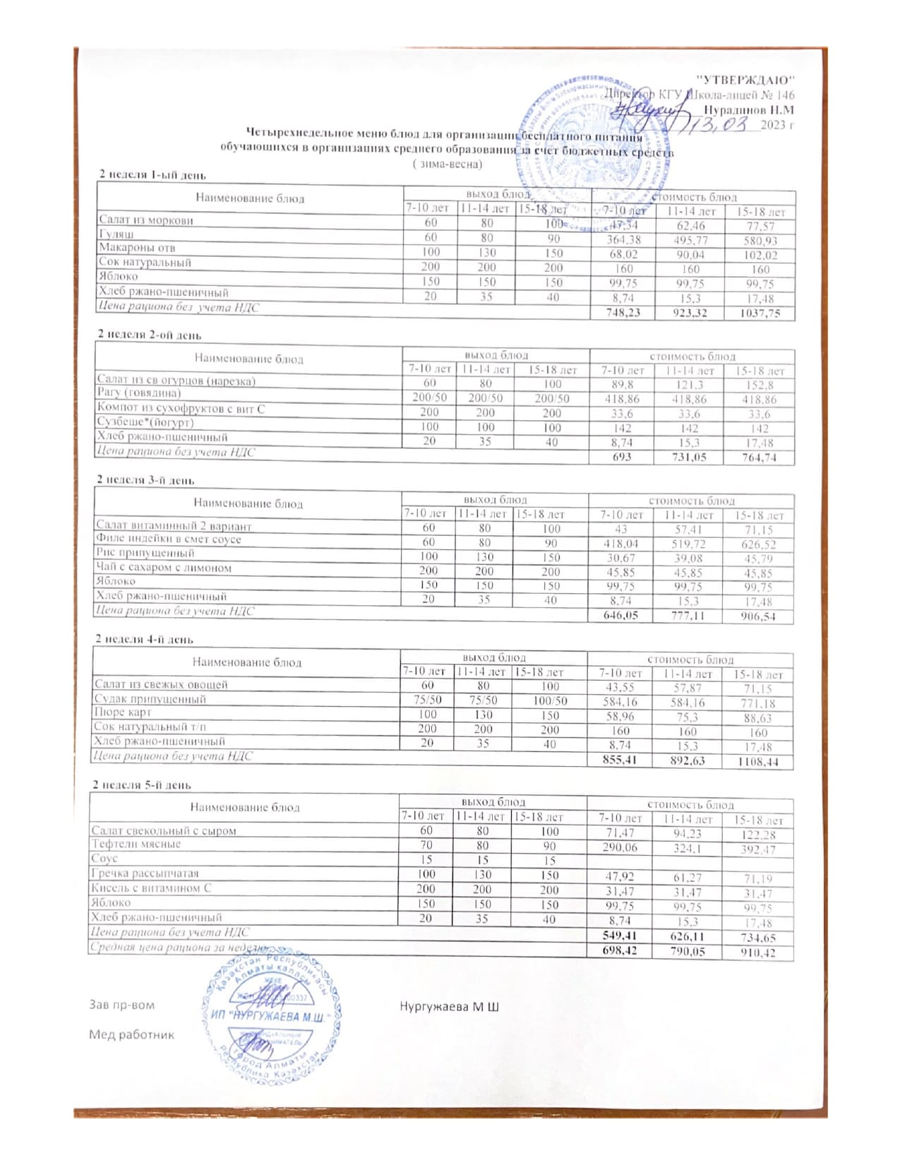 Апталық ас мәзірі (13.03.2023-17.03.2023)