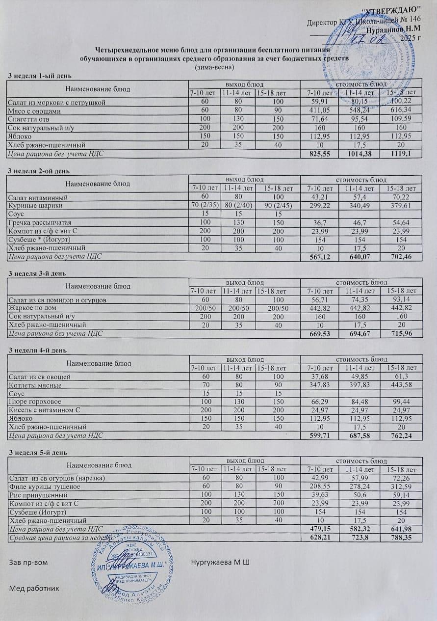 Апталық ас мәзірі (17.02.2025-21.02.2025)