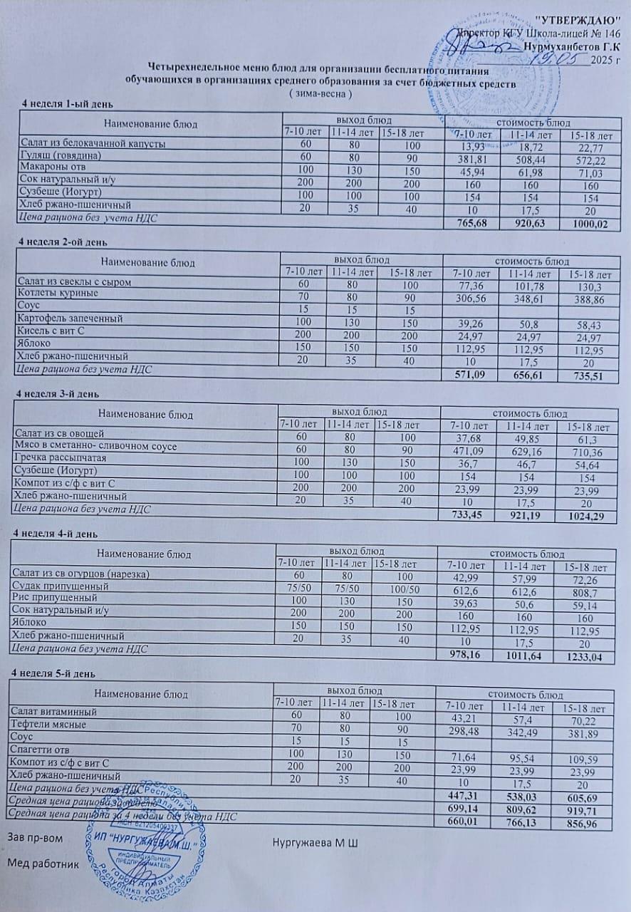 Апталық ас мәзірі (19.05.2025-23.05.2025)