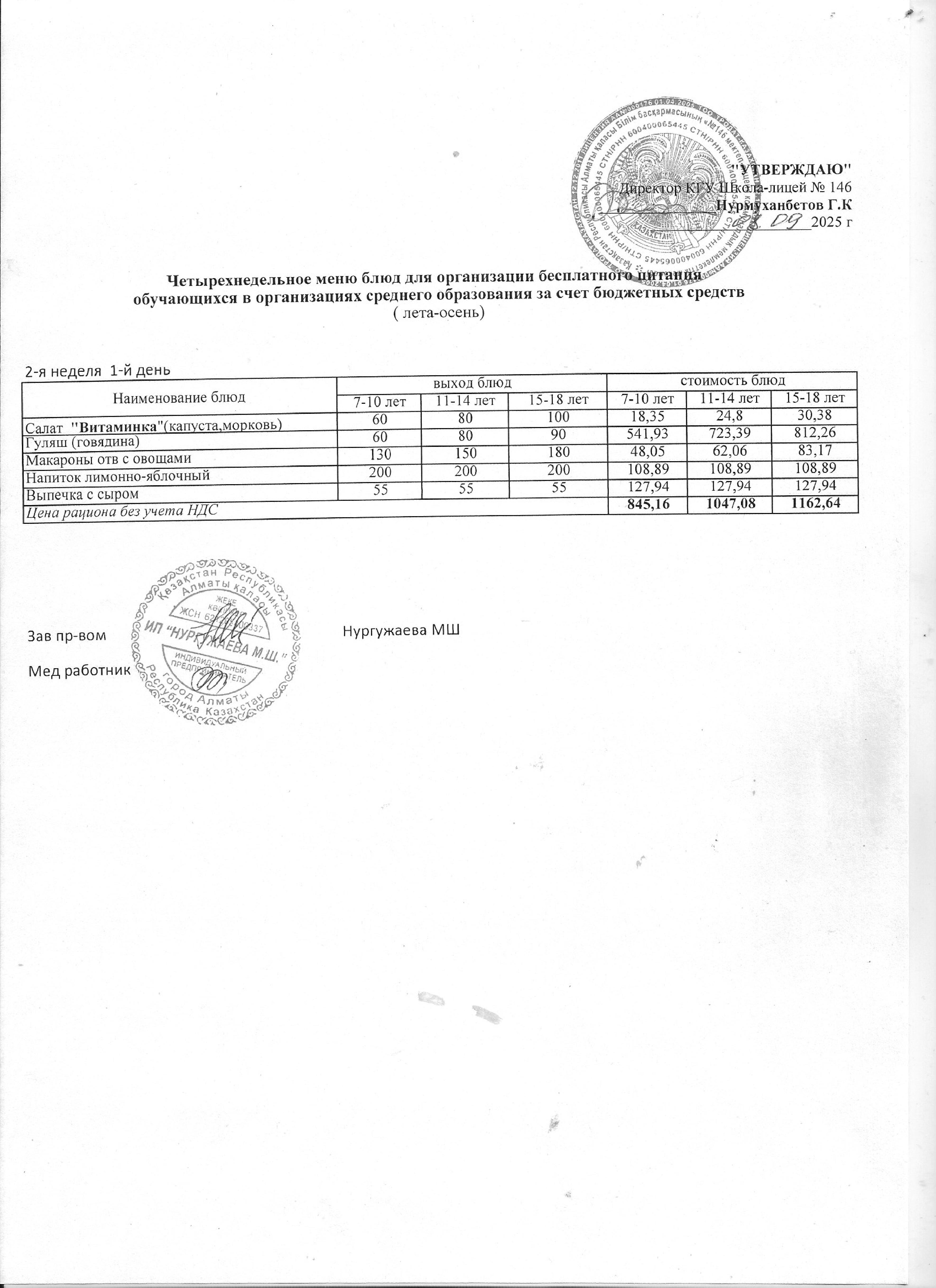 Ас мәзірі (2 апта)